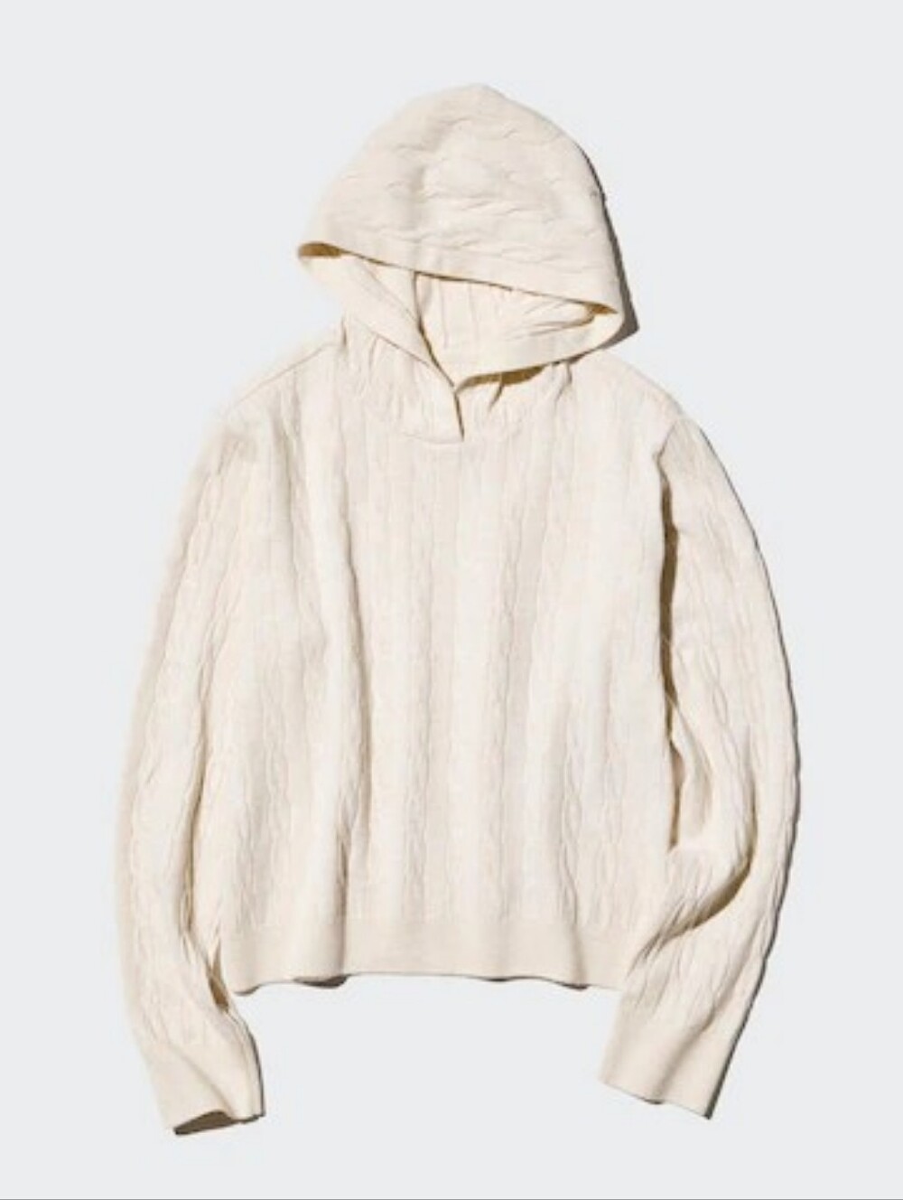 Uniqlo Beige Long-Sleeve Hooded Pullover Lightweight Cable Knit Sweater